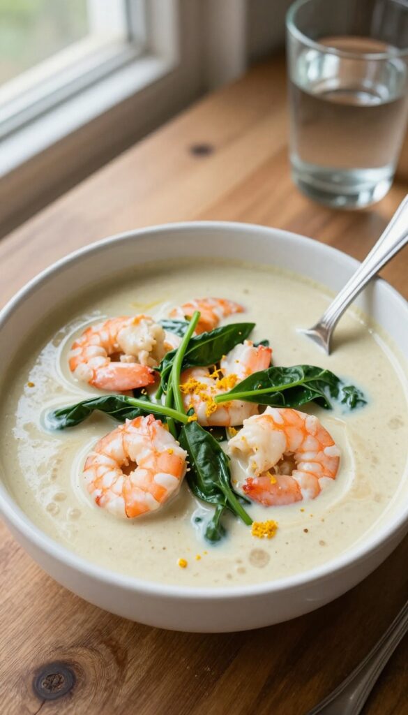 Creamy coconut curry with shrimp and spinach in a white bowl on a wooden table