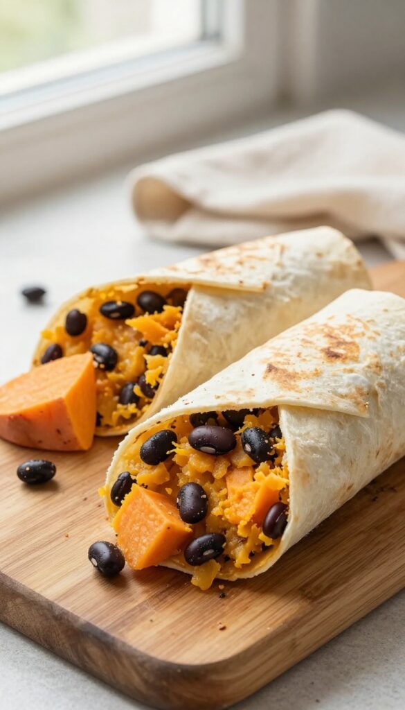 Halved black bean and sweet potato burrito on a wooden board