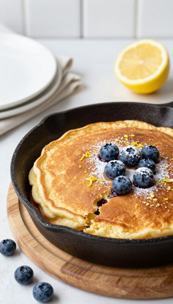 Golden baked blueberry lemon pancake in a cast iron skillet with powdered sugar and lemon zest.