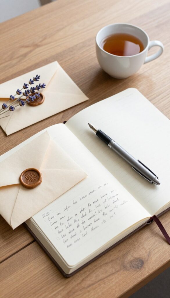 A person writing a letter to their future self, with an open journal, sealed envelope, tea, and lavender on a wooden desk.