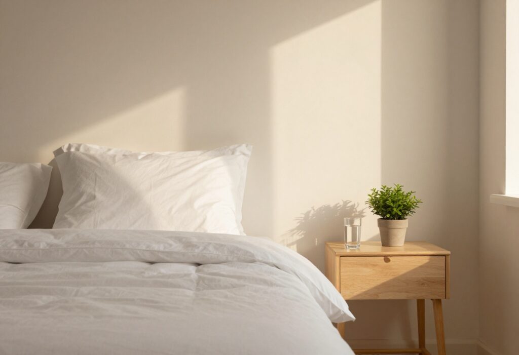 Peaceful bedroom with morning light and simple self-care items
