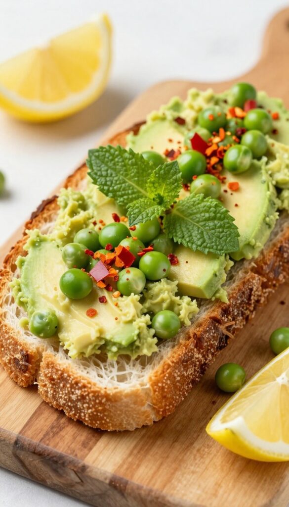 Avocado toast with smashed peas on a wooden board