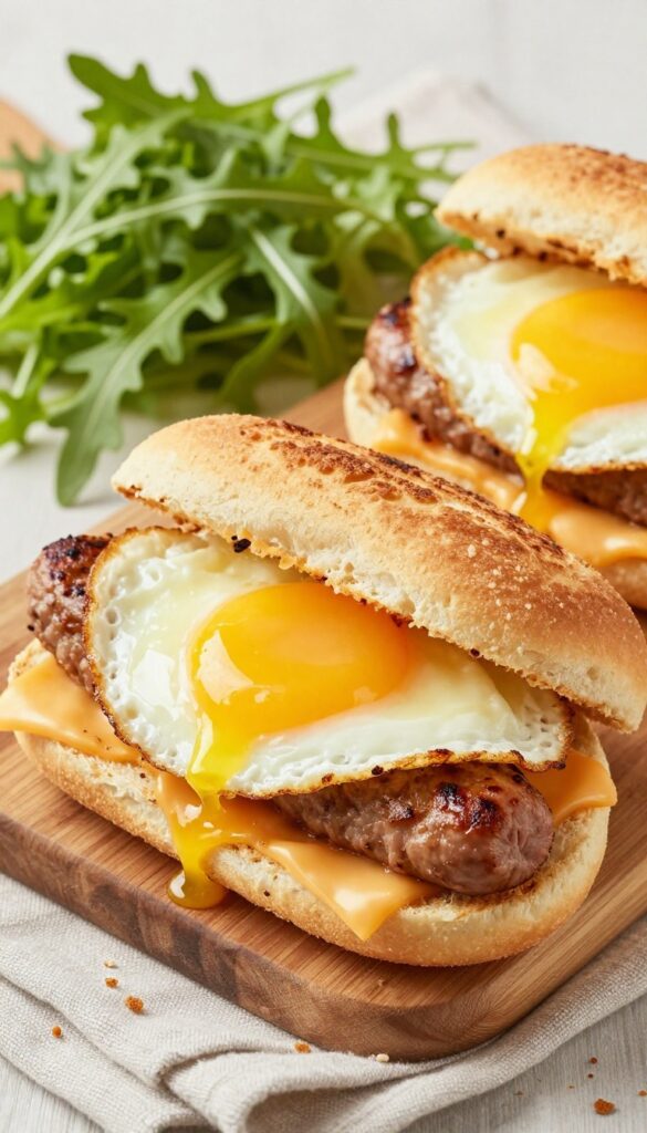 Classic sausage and egg breakfast sandwich on a wooden board with fresh greens and melted cheese.