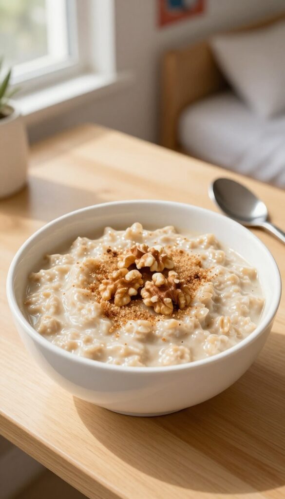 Microwave oatmeal with brown sugar and walnuts in a bowl on a dorm desk
