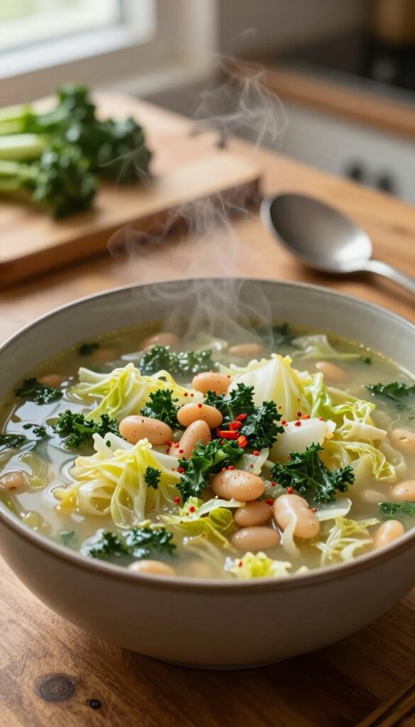 A bowl of hearty cabbage soup with beans and kale on a wooden table, with steam rising and natural light.