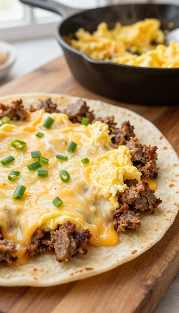 A warm breakfast burrito filling with eggs, sausage, and cheese on a tortilla, with steam rising, on a wooden table.