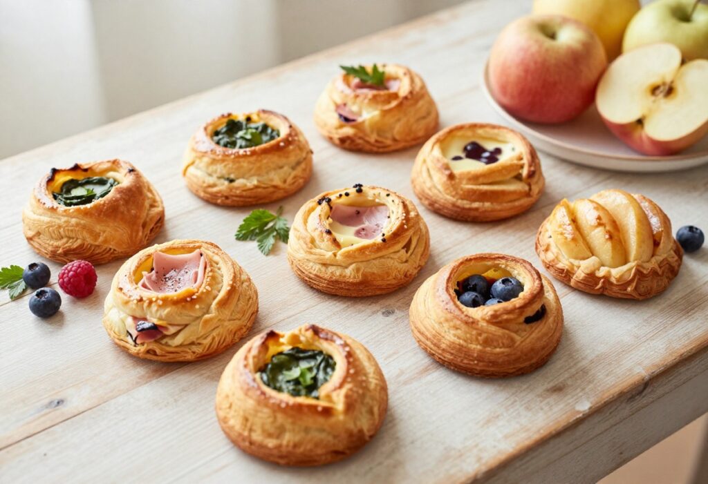 Assorted puff pastry breakfast bites on a wooden table