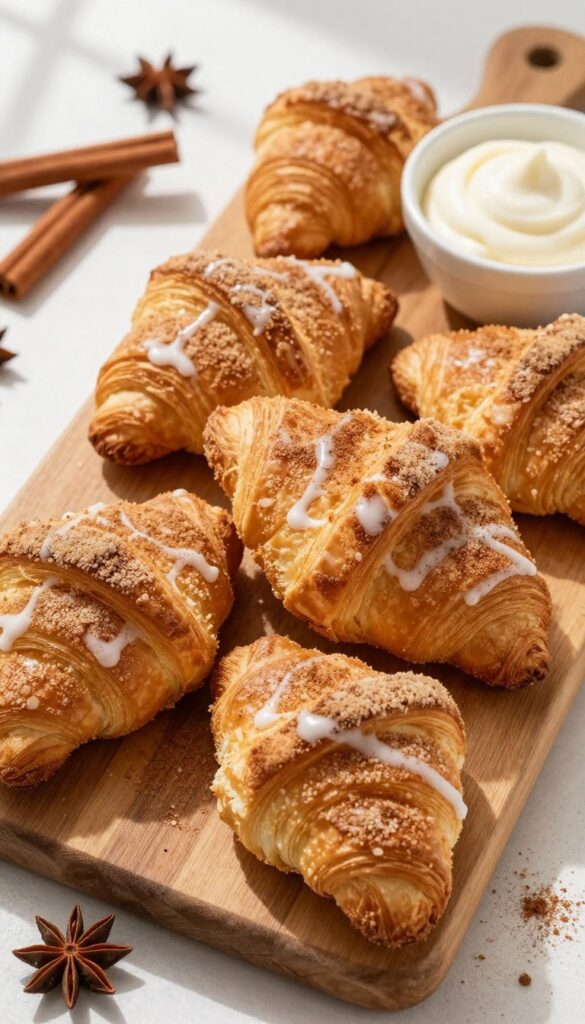 Cinnamon sugar croissant bites on a wooden board with icing dip