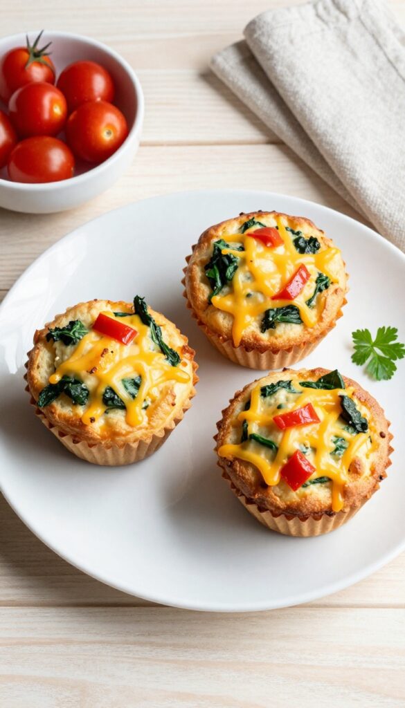 Egg muffin cups on a plate with fresh vegetables and natural lighting