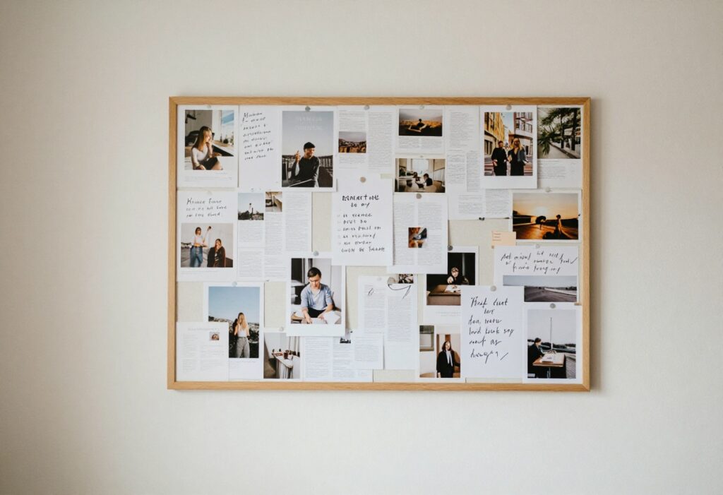A vision board with images of nature, affirmations, and self-care symbols in a bright, calm room
