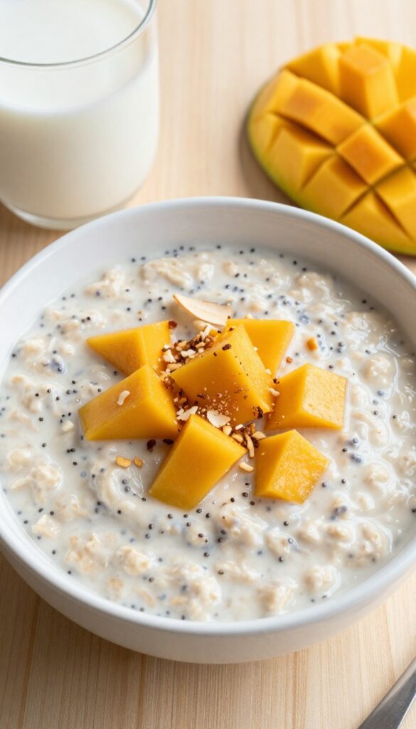 A bowl of coconut mango chia oatmeal with fresh mango and toasted coconut flakes on a wooden table in natural light.