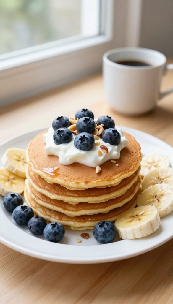 Stack of banana oat pancakes with Greek yogurt, blueberries, and almonds on a plate in natural light