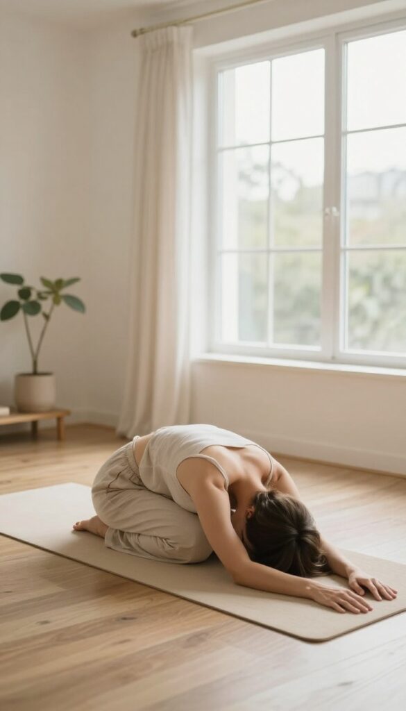 Woman doing gentle yoga stretch before sleep in cozy bedroom