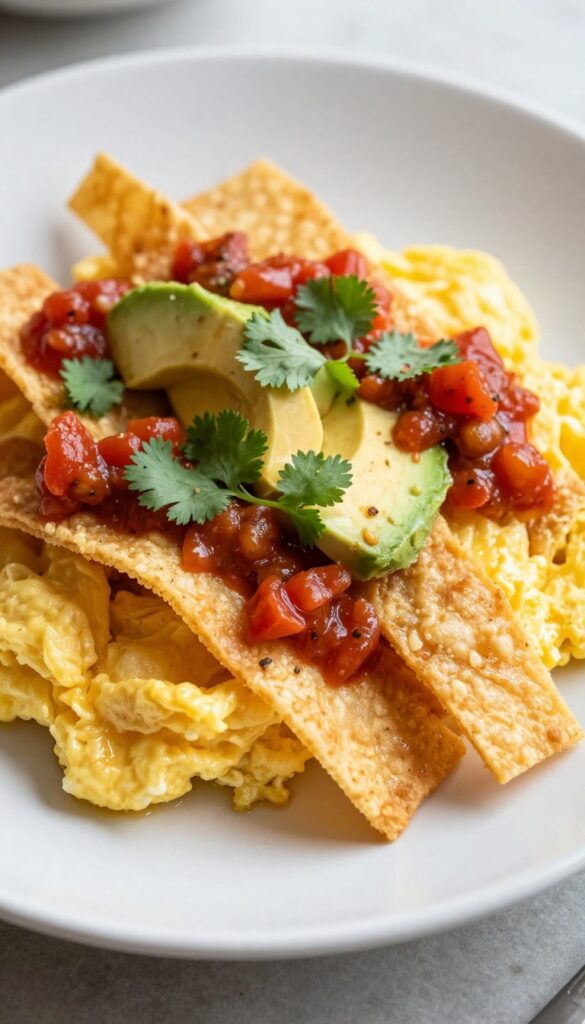 Migas with crispy tortilla strips and salsa, garnished with cilantro and avocado