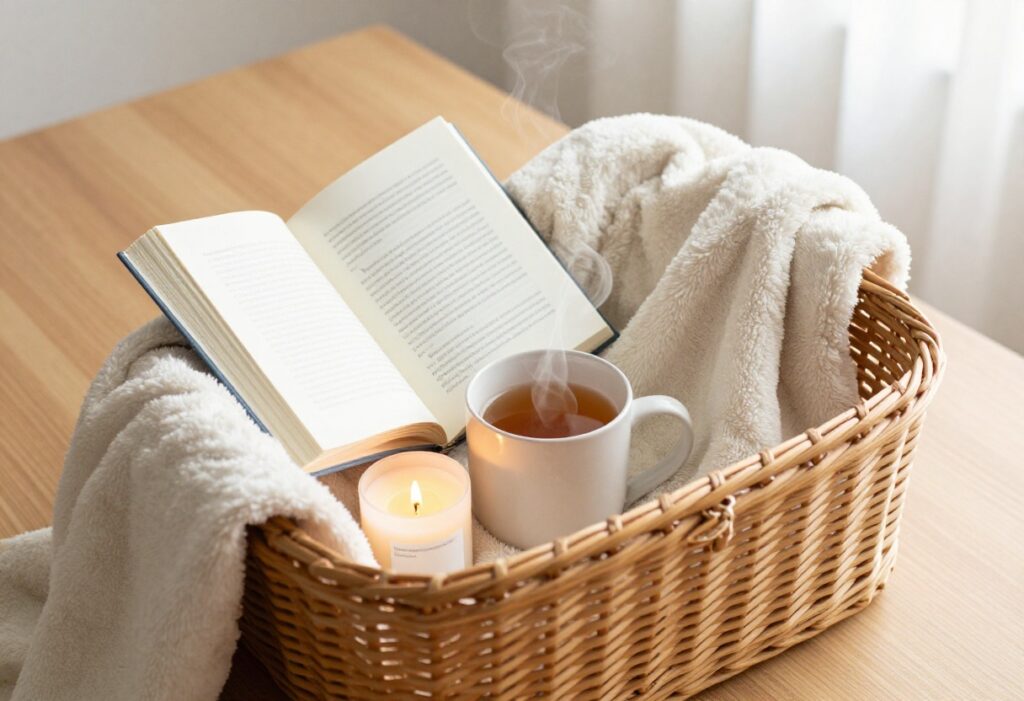 A self care basket with a candle, blanket, book, and tea on a wooden table.