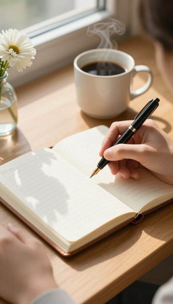 Person writing in a gratitude journal with coffee and flower on desk