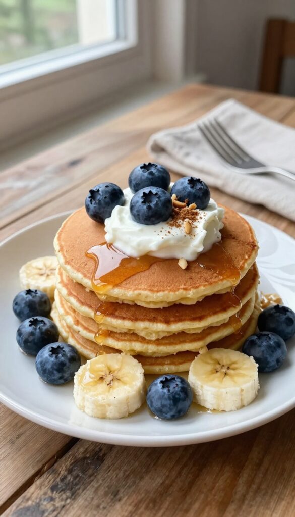 Stack of two-ingredient banana pancakes topped with berries, yogurt, and maple syrup on a plate