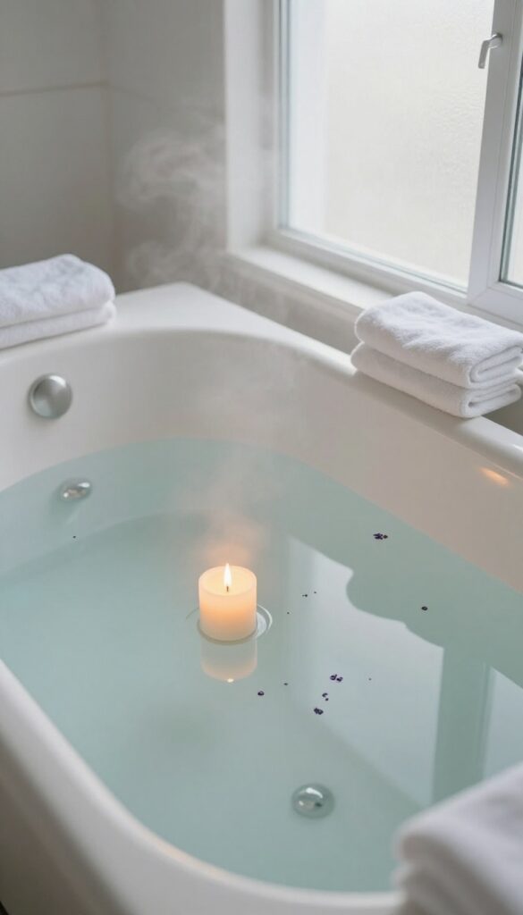 Warm bath with candle and lavender oil in a serene bathroom
