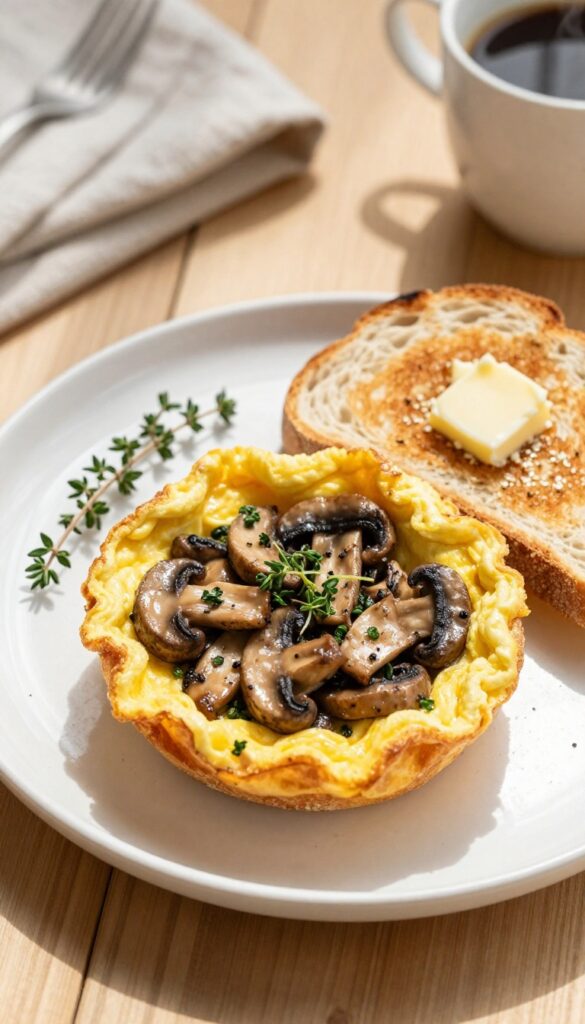 Savory mushroom and thyme omelette with toasted sourdough on a wooden table in a cozy breakfast nook