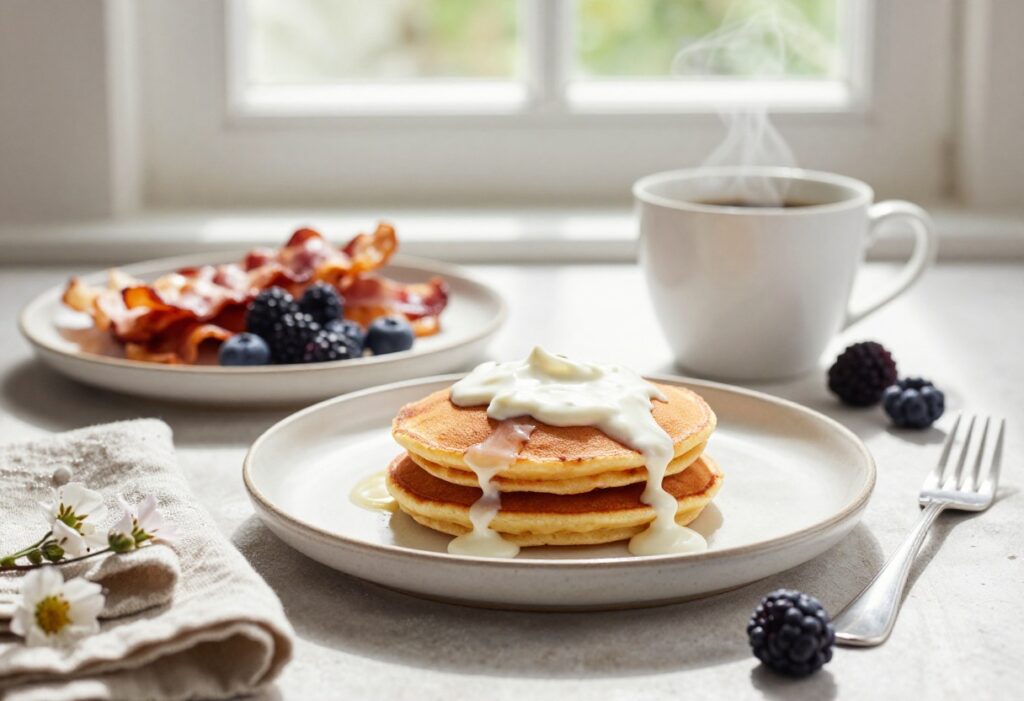 A slow Sunday breakfast table with cinnamon roll pancakes, bacon, berries, and coffee in warm morning light.