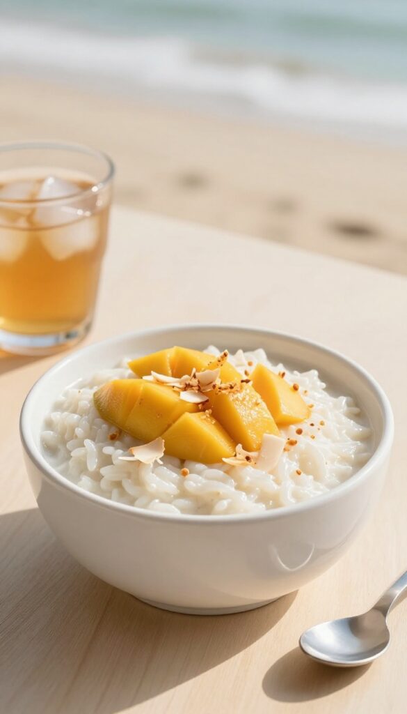 Creamy coconut rice pudding topped with fresh mango slices and toasted coconut flakes, served in a white bowl on a wooden table with a seaside background.