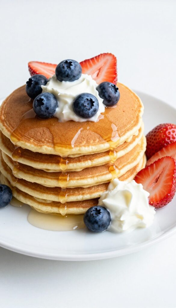 Fluffy banana oat pancakes with berries and yogurt