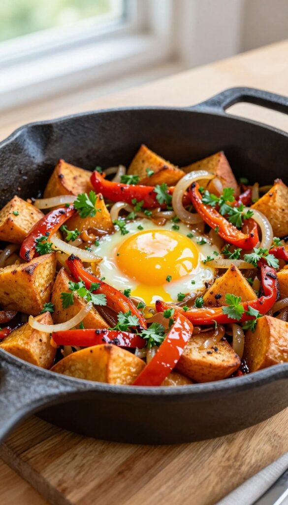 Sweet potato hash with fried eggs in a cast-iron skillet on a wooden table