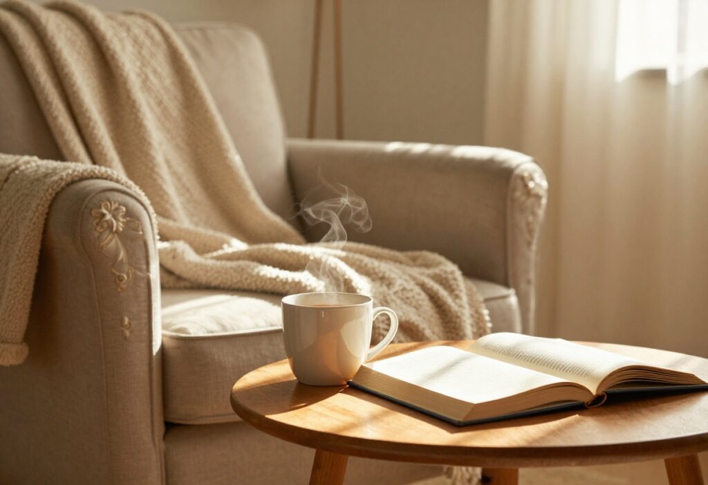 Cozy living room with blanket, tea, and book for a calm self-care day at home