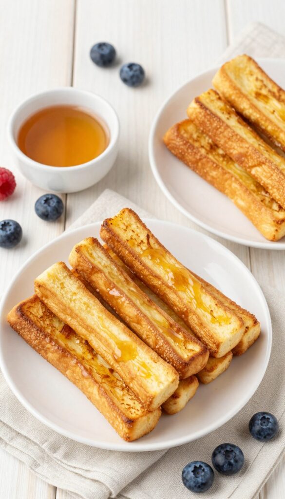 French toast sticks with maple syrup dip and fresh berries on a plate