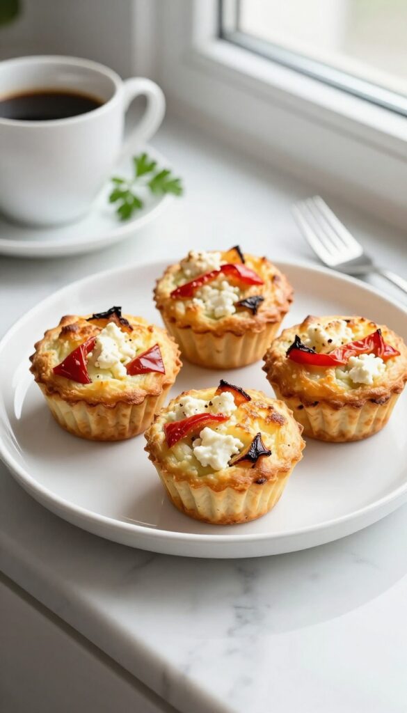 Mini frittata muffins with roasted red peppers and feta on a small breakfast bar