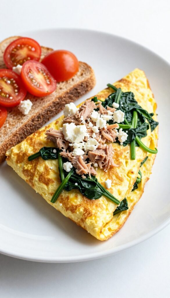 Tuna spinach omelette with feta cheese on a plate with toast and tomato salad.