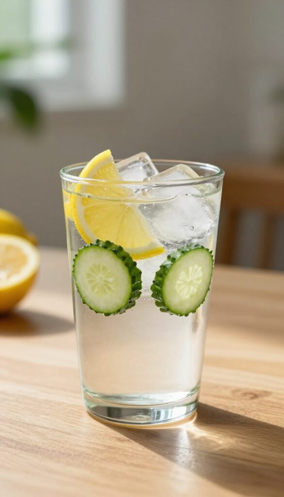 A glass of water with lemon and cucumber slices on a wooden table by a sunny window
