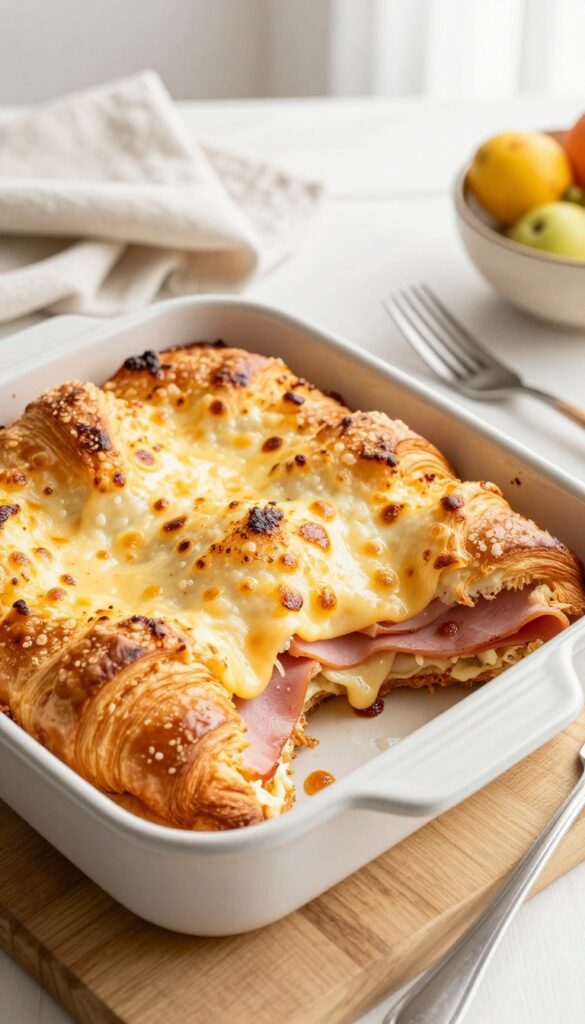 Golden overnight ham and cheese croissant bake in a baking dish on a wooden table