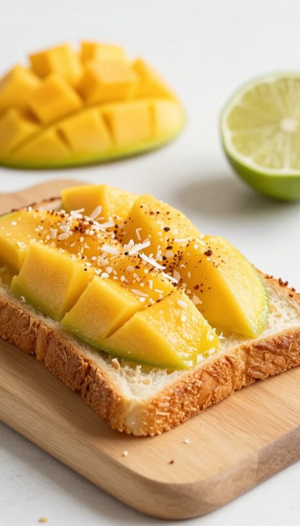 Mango and lime toast with toasted coconut on sourdough bread