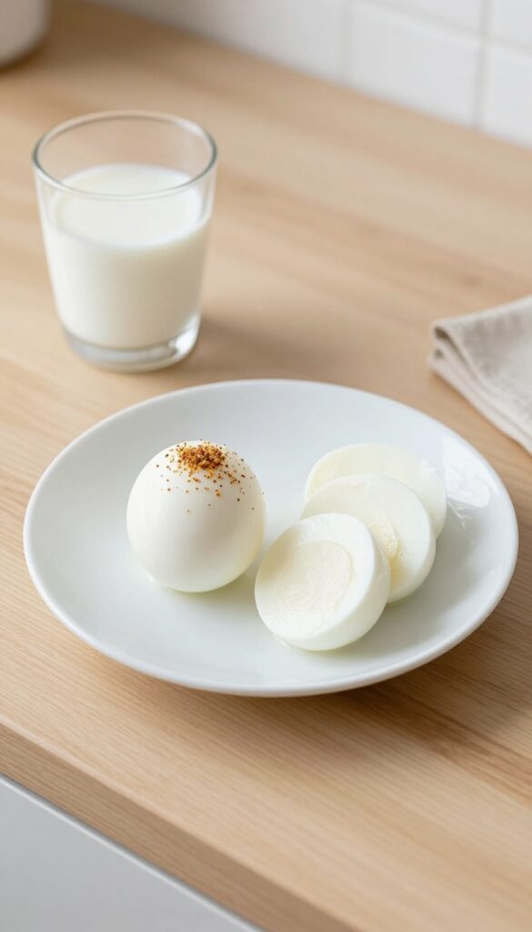 Hard-boiled egg and cheese stick combo on a plate with everything bagel seasoning, morning kitchen setting.