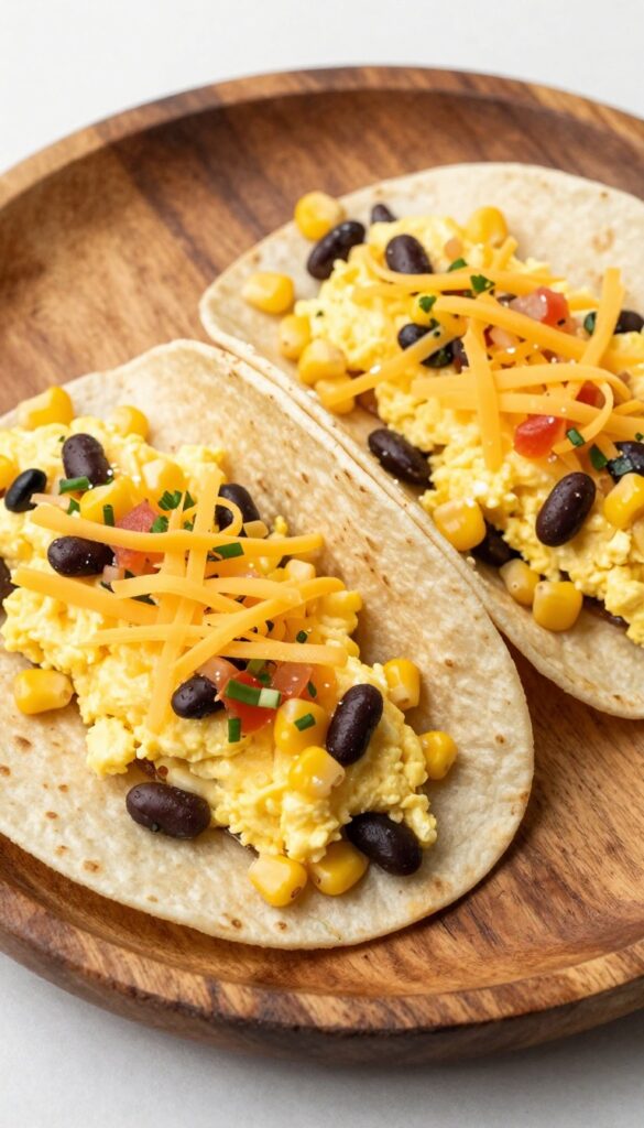 Black bean and corn breakfast tacos with scrambled eggs and salsa on a wooden plate.