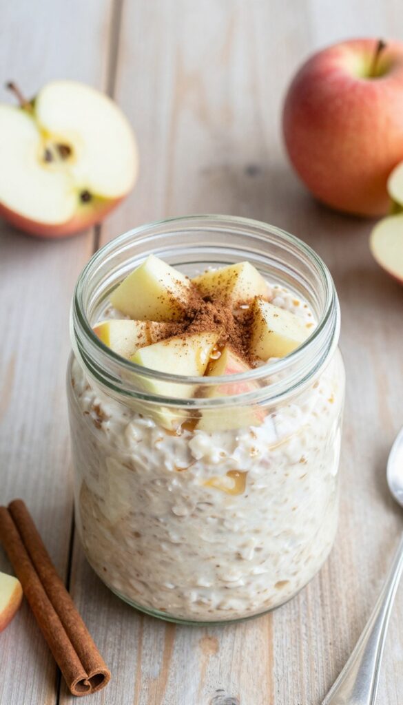 Apple cinnamon overnight oats in a jar with fresh apple chunks and cinnamon on a wooden table