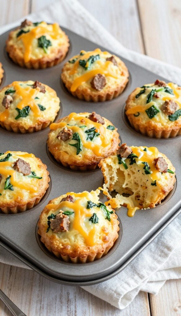 Sausage and spinach egg muffins in a muffin tin, golden and puffed with melted cheese.