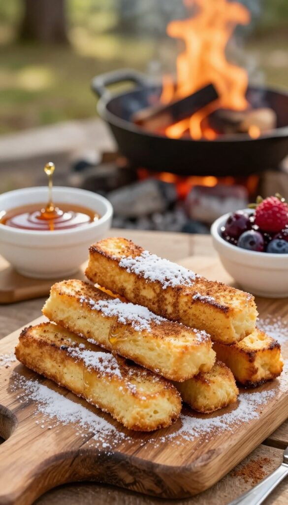 Campfire French toast sticks with dipping sauces on a wooden board, outdoor morning setting.