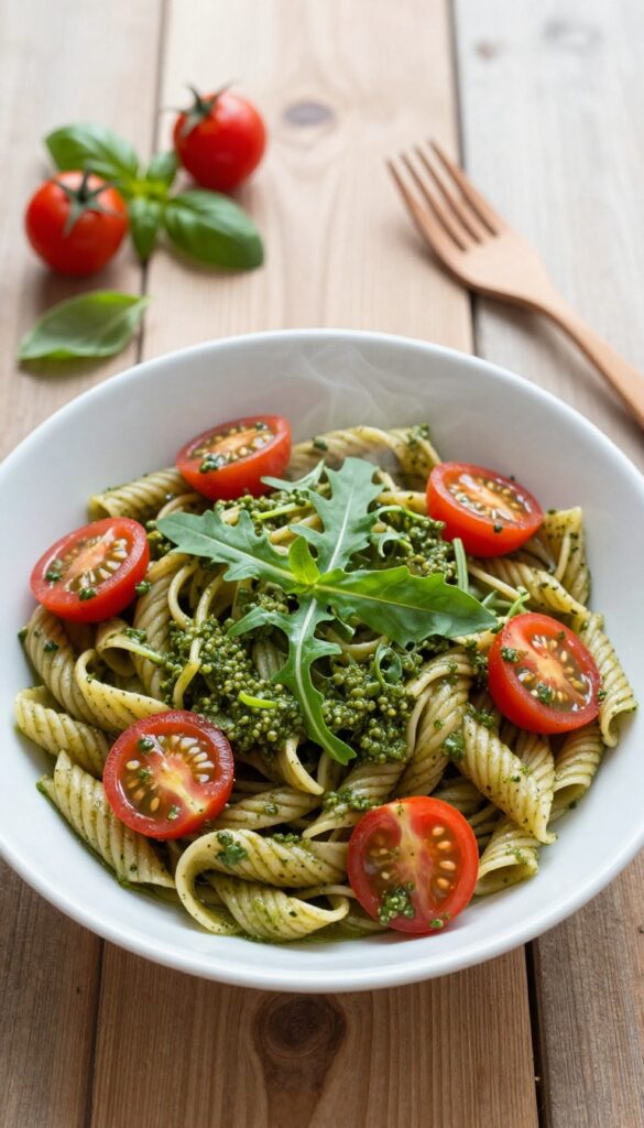 Bowl of whole wheat pasta with pesto, cherry tomatoes, and arugula on a wooden table