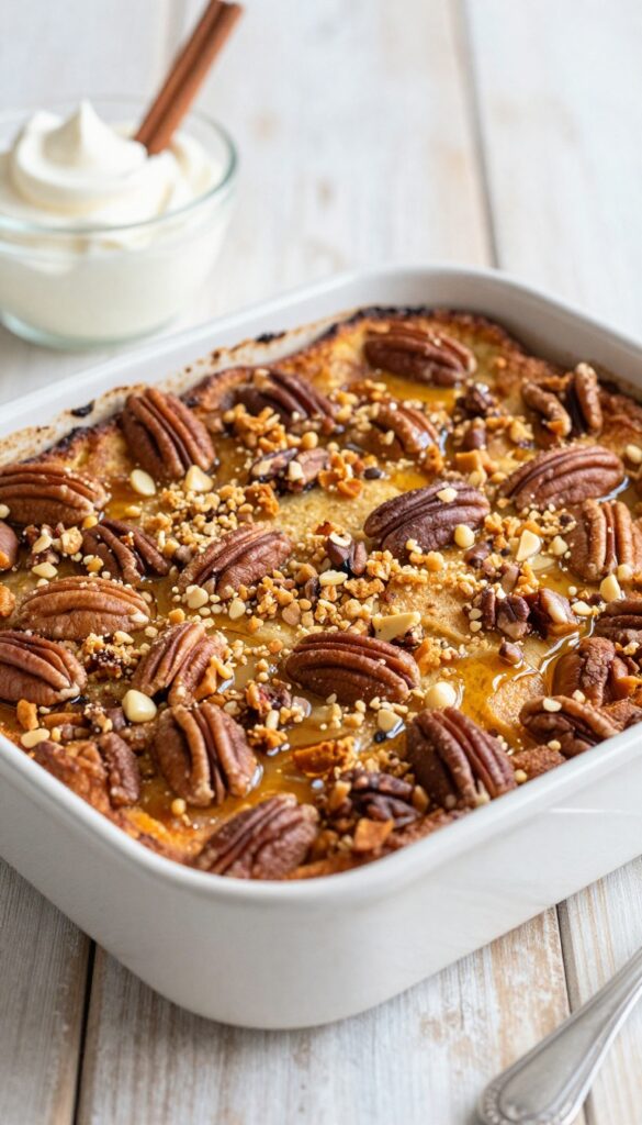 Pumpkin pecan French toast casserole with maple syrup and whipped cream