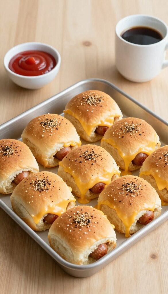 Sausage and egg breakfast sliders on a sheet pan with melted cheese and everything bagel seasoning