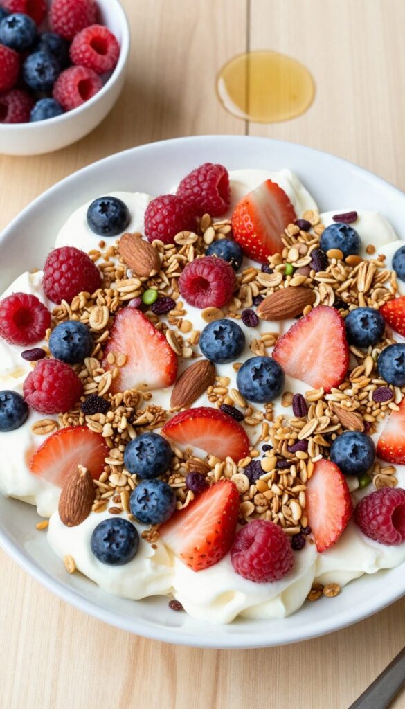 Granola and yogurt breakfast bark on a platter with fresh berries and honey