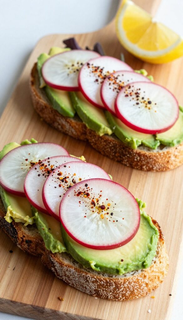 Smashed avocado and radish toast on a wooden board with side salad and lemon wedge