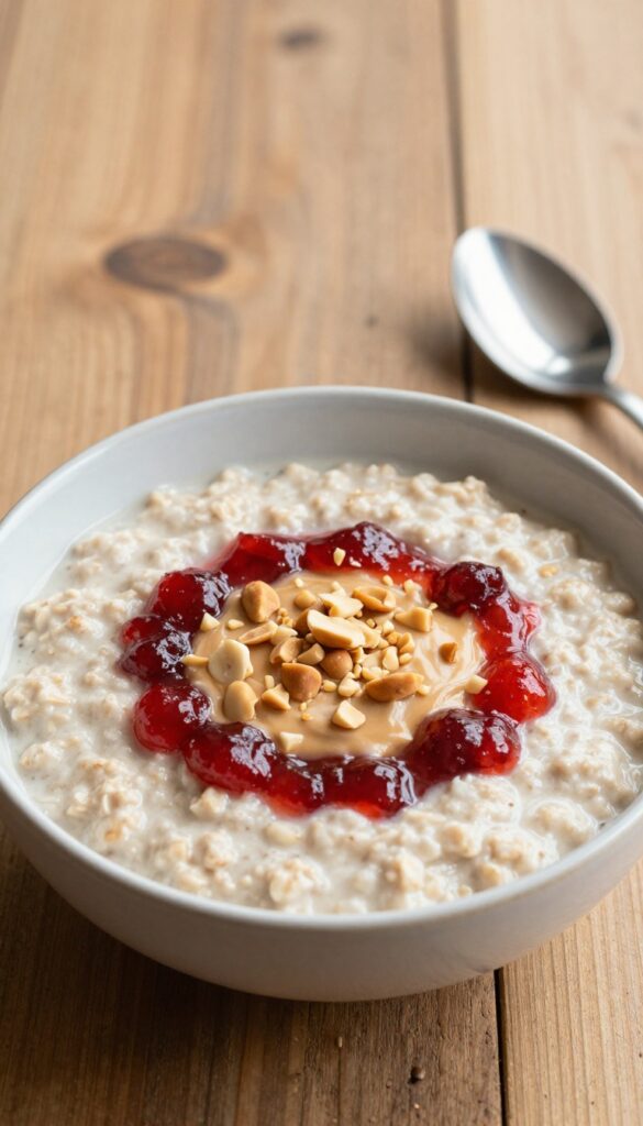 Bowl of peanut butter and jelly oatmeal with jam swirls and chopped peanuts on top