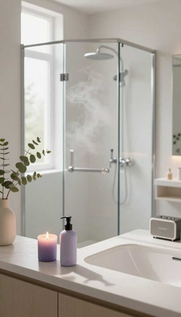 A serene bathroom with a steamy shower, lit lavender candle, scented body wash, and a speaker, creating a sensory self-care experience.