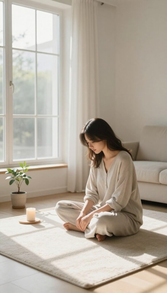 Woman stretching in a sunlit room with candle and plant