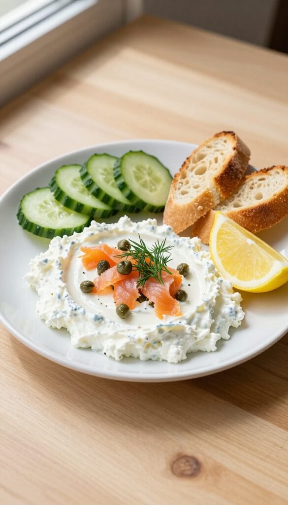 Cottage cheese and smoked salmon plate with capers, dill, lemon, and toast on the side.