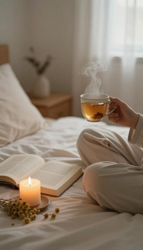 Person in pajamas holding a warm mug of herbal tea by candlelight in a cozy bedroom