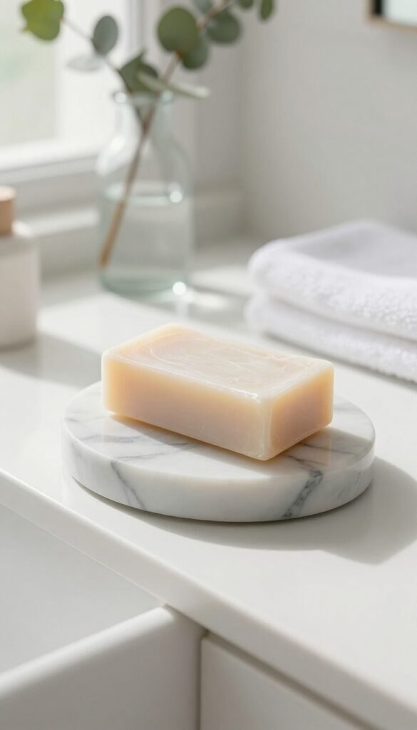 Marble soap dish with soap on a bathroom shelf, eucalyptus and towel in background